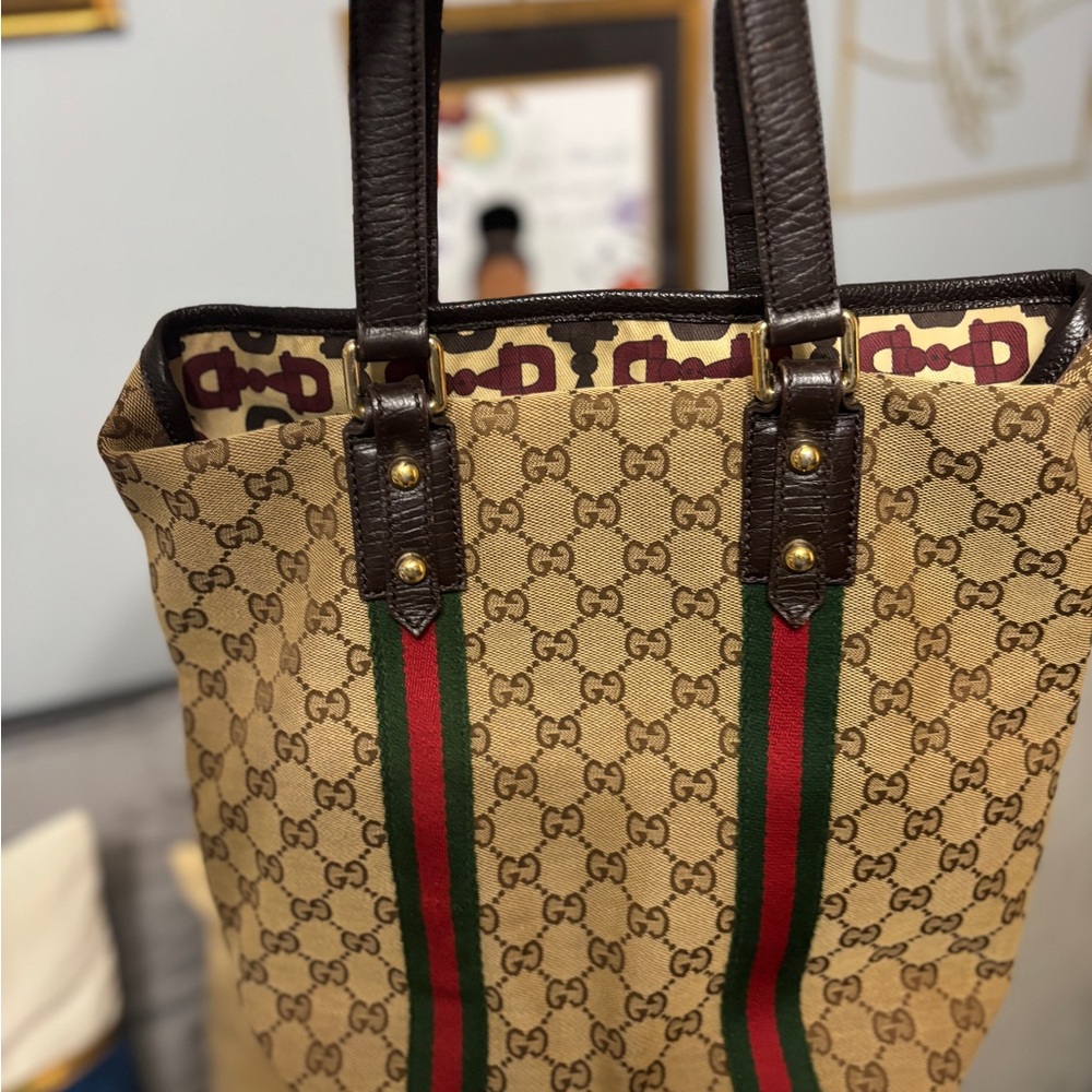 Gucci Tan Tote with Green and Red Stripes